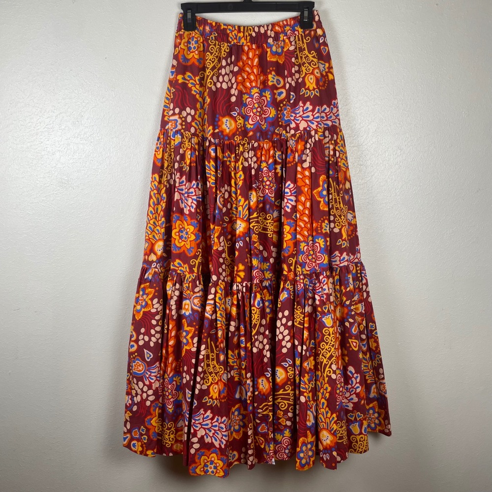 La DoubleJ Big Skirt Edition 28 Burgundy Floral Tiered Cotton Maxi Skirt Medium